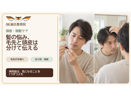 同じ成人男性が自宅の鏡の前で、左側では毛先の手触りを確かめ、右側では髪を分けて頭皮を見ている頭皮・頭髪ケアの案内画像