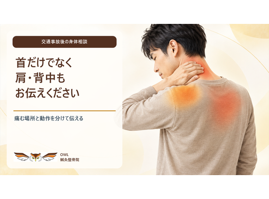 交通事故後、首に手を添え、首・肩・背中の気になる場所が色分けされた男性のイメージ