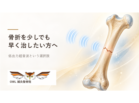 骨折線のある骨と断続的な超音波を表す概念図。「骨折を少しでも早く治したい方へ」「低出力超音波という選択肢」とOWL鍼灸整骨院のロゴを配置。実際の施術写真ではない。
